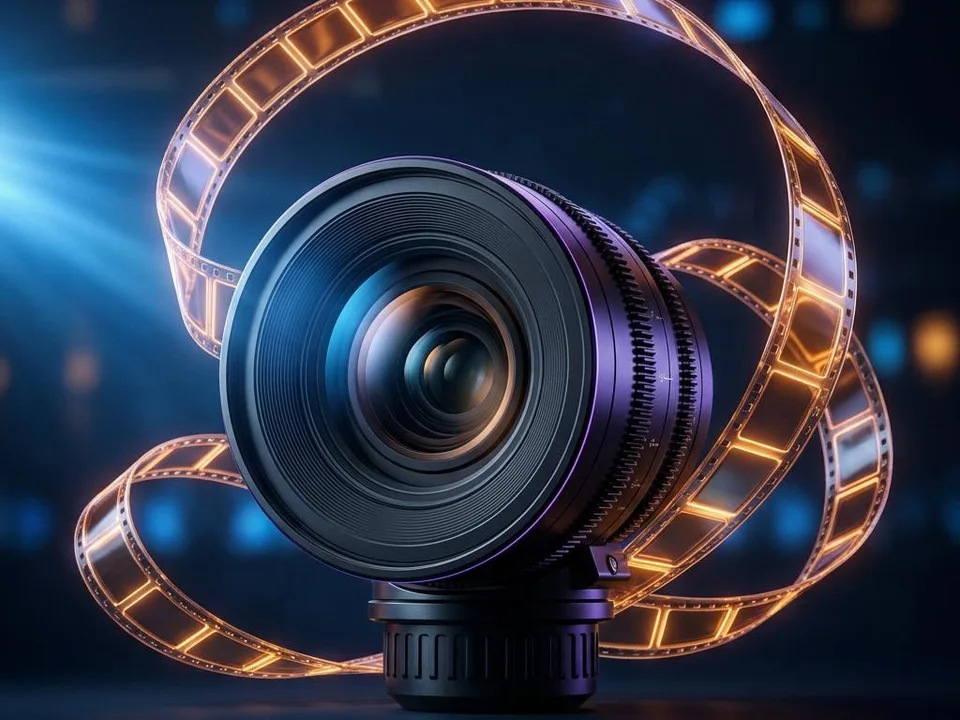 Objectif de cinéma entouré d’une pellicule lumineuse bleue et dorée