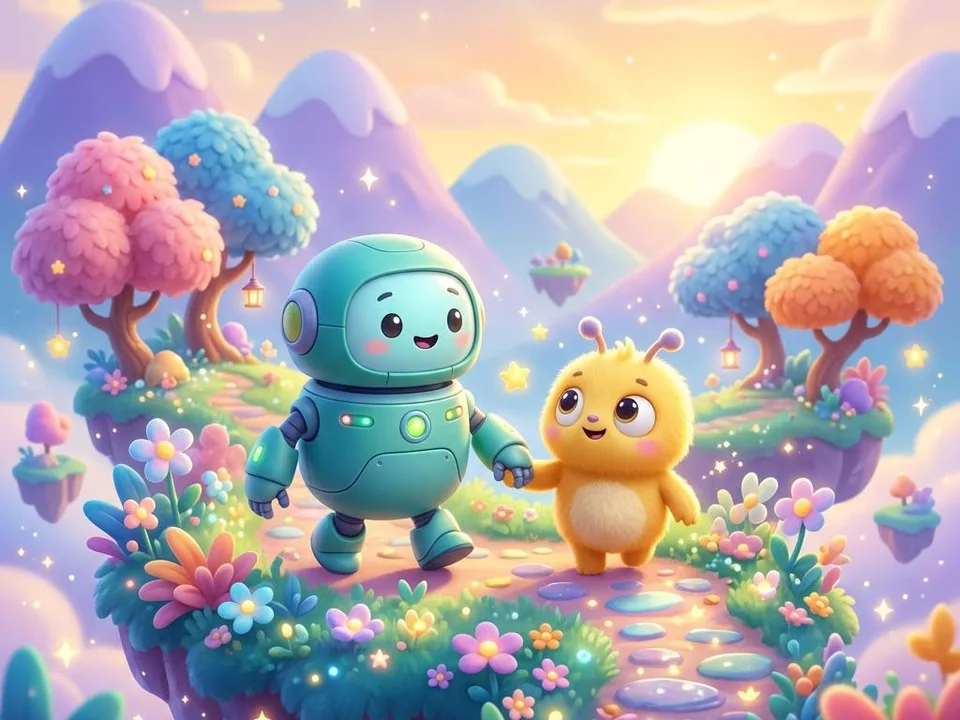 Robot amical et créature jaune dans un univers animé coloré