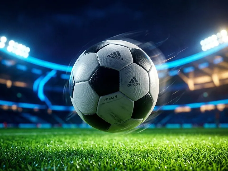 Ballon de football au-dessus d’une pelouse dans un stade aux éclairages bleus